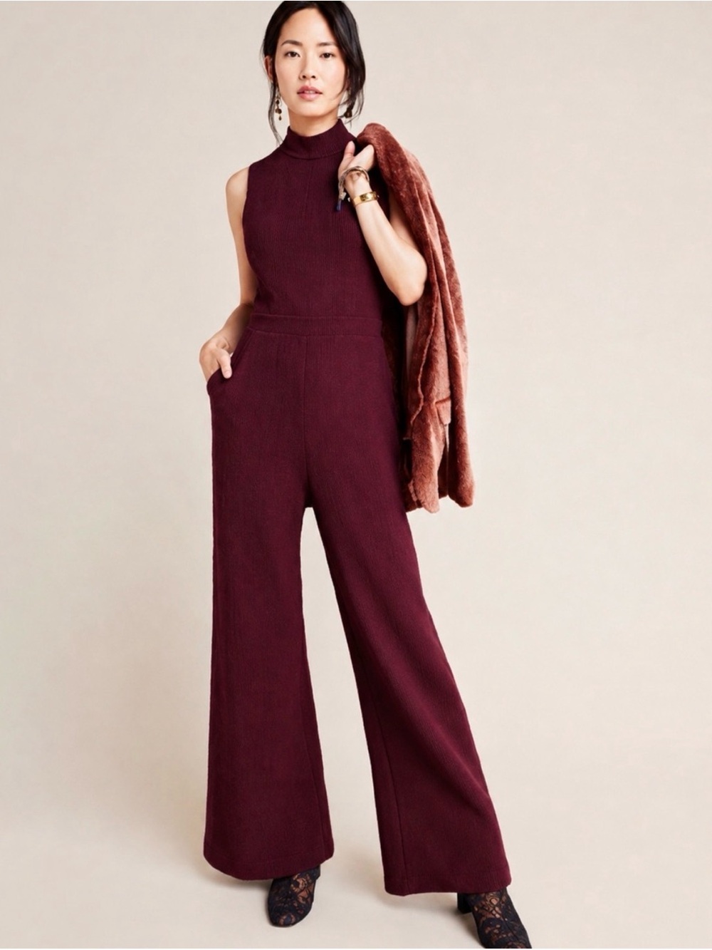 Anthropologie Sleeveless Wide-Leg Jumpsuit in Burgundy